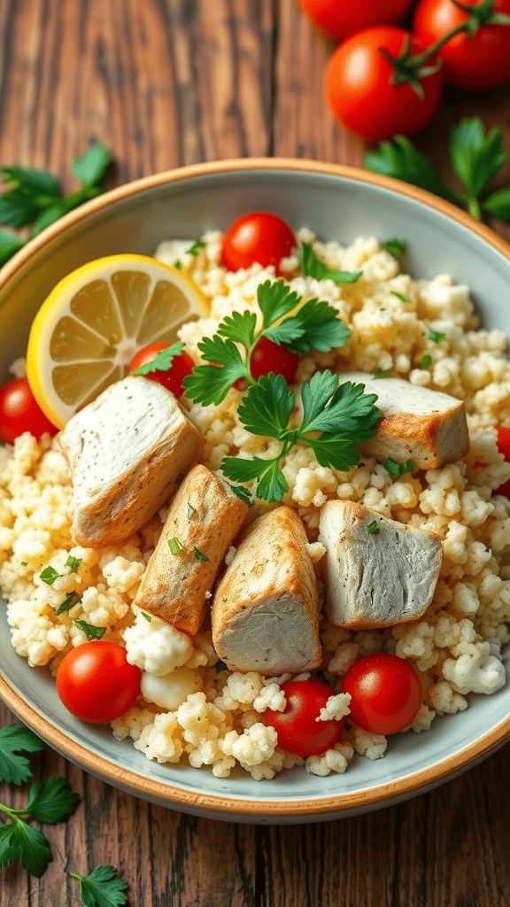 Healthy and Easy Cauliflower Couscous with Chicken Recipe A bowl of cauliflower couscous with chicken, cherry tomatoes, and parsley, served on a rustic wooden table.