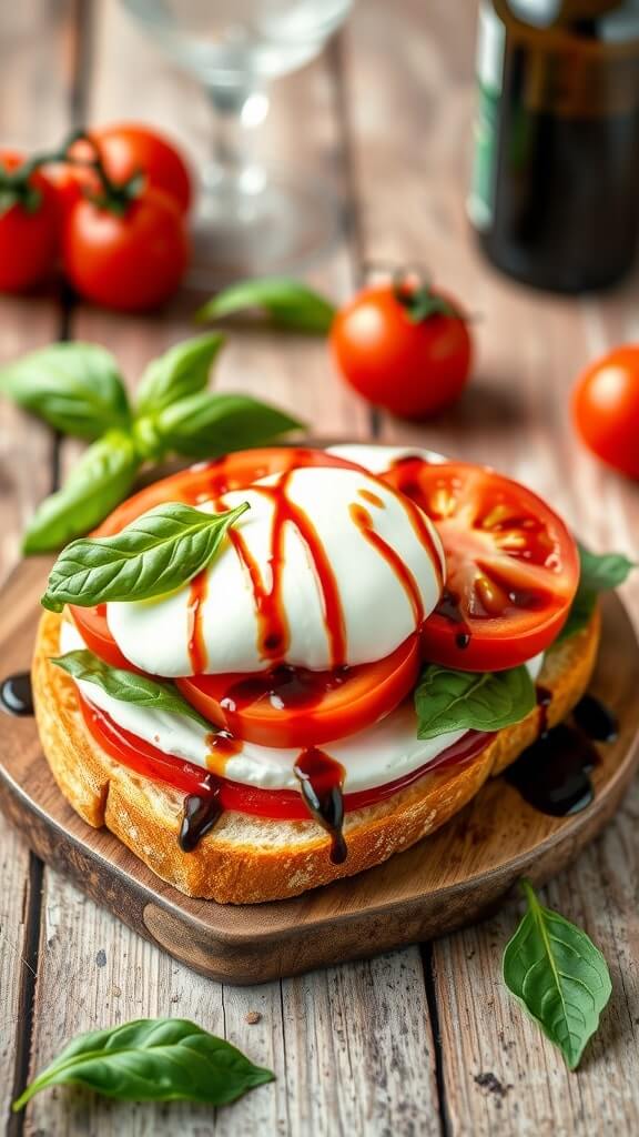 A delicious Caprese sandwich with fresh mozzarella, tomatoes, basil, and balsamic glaze on toasted bread.