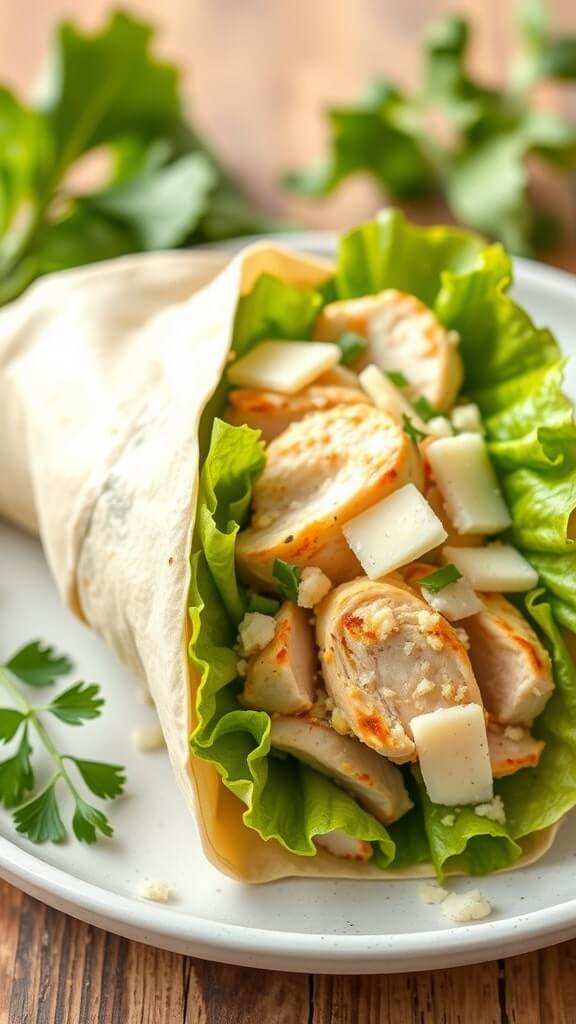 A delicious Chicken Caesar Wrap filled with grilled chicken, lettuce, and cheese, served on a plate.