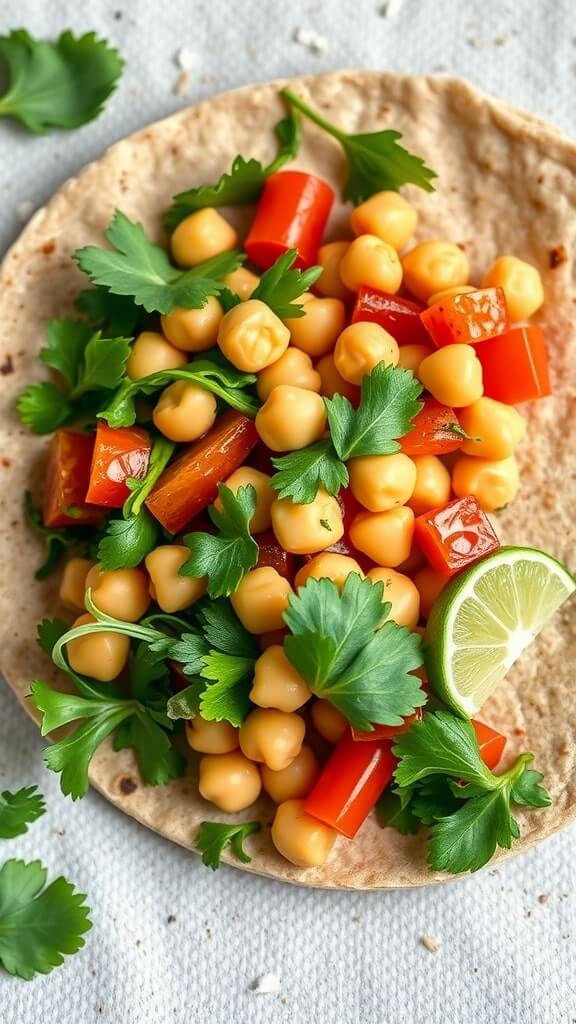 A chickpea salad wrap with chickpeas, red bell peppers, and cilantro on a tortilla, garnished with a lime wedge.