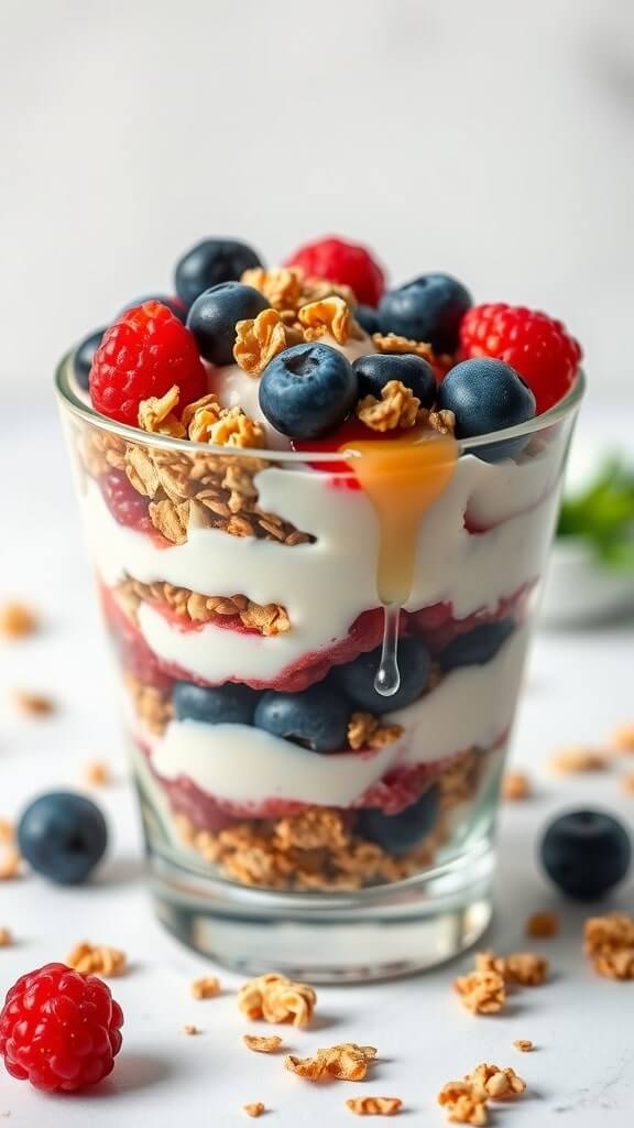 A delicious Greek yogurt parfait with layers of yogurt, berries, and granola in a glass.