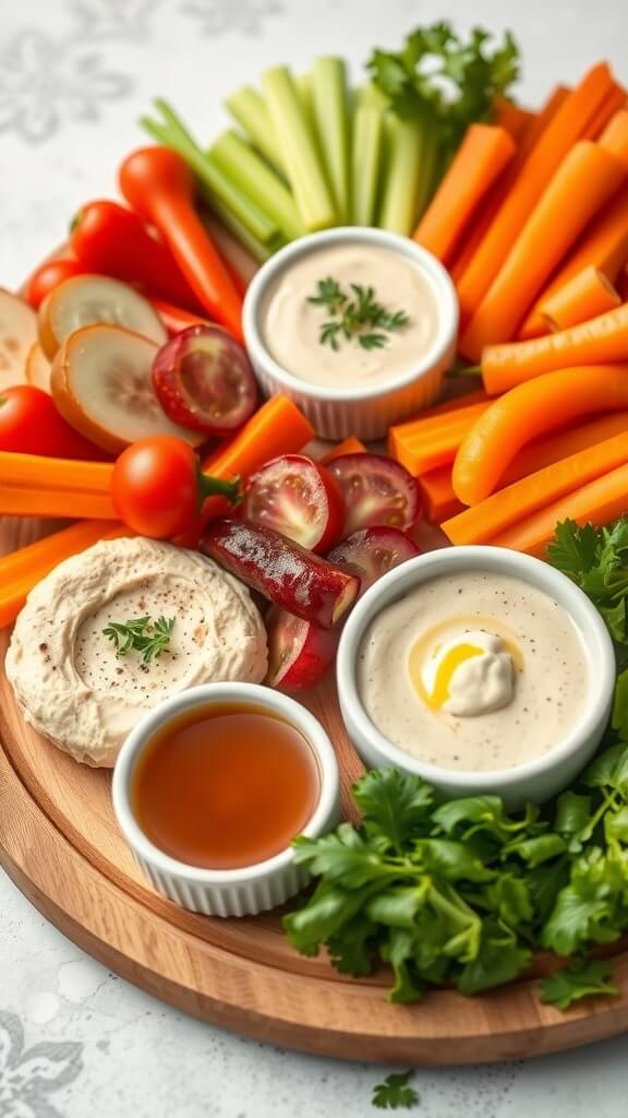 A wooden platter filled with a variety of fresh vegetables and dips, including hummus, arranged beautifully for a healthy lunch.