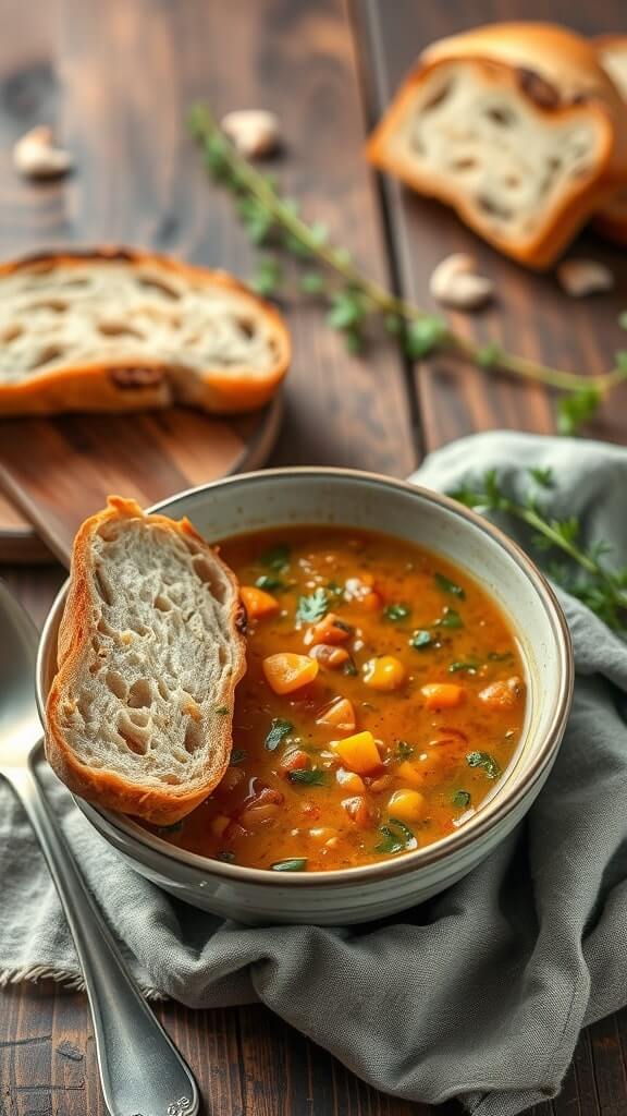 A bowl of lentil soup with a slice of crusty bread on the side.