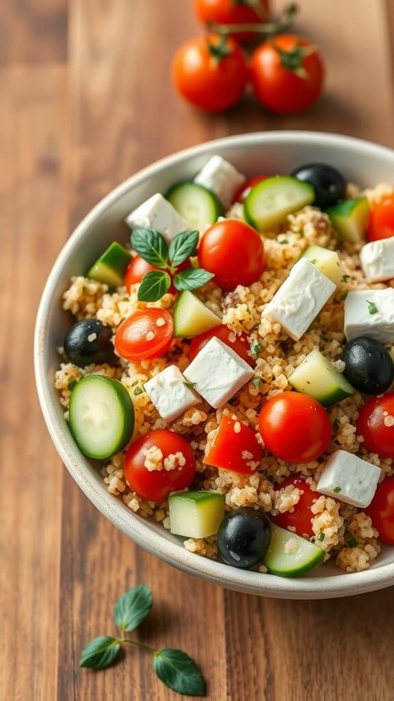 A bowl of Mediterranean quinoa salad with cherry tomatoes, cucumbers, olives, and feta cheese.