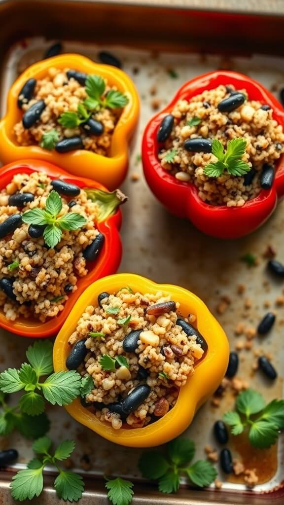 Colorful quinoa and black bean stuffed peppers on a baking tray, garnished with fresh herbs.