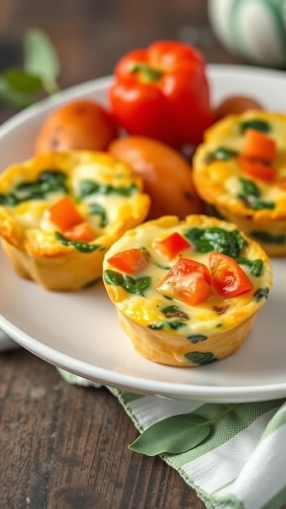 Savory egg muffins on a plate with colorful bell peppers and potatoes.