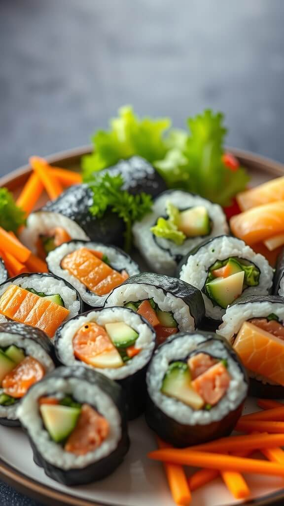 Plate of sushi rolls with salmon, cucumber, and avocado, accompanied by carrot sticks and lettuce.
