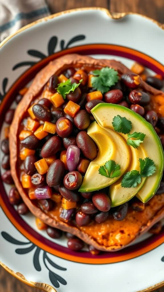 A colorful bowl of sweet potato topped with black beans, diced vegetables, and avocado slices.