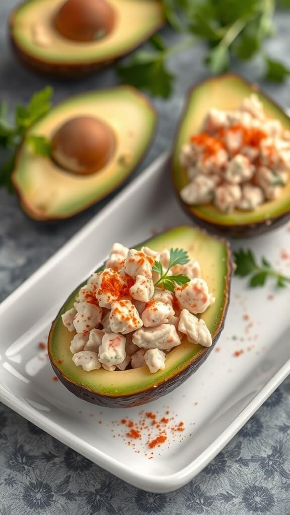 A plate with a halved avocado filled with tuna salad, garnished with paprika and herbs.