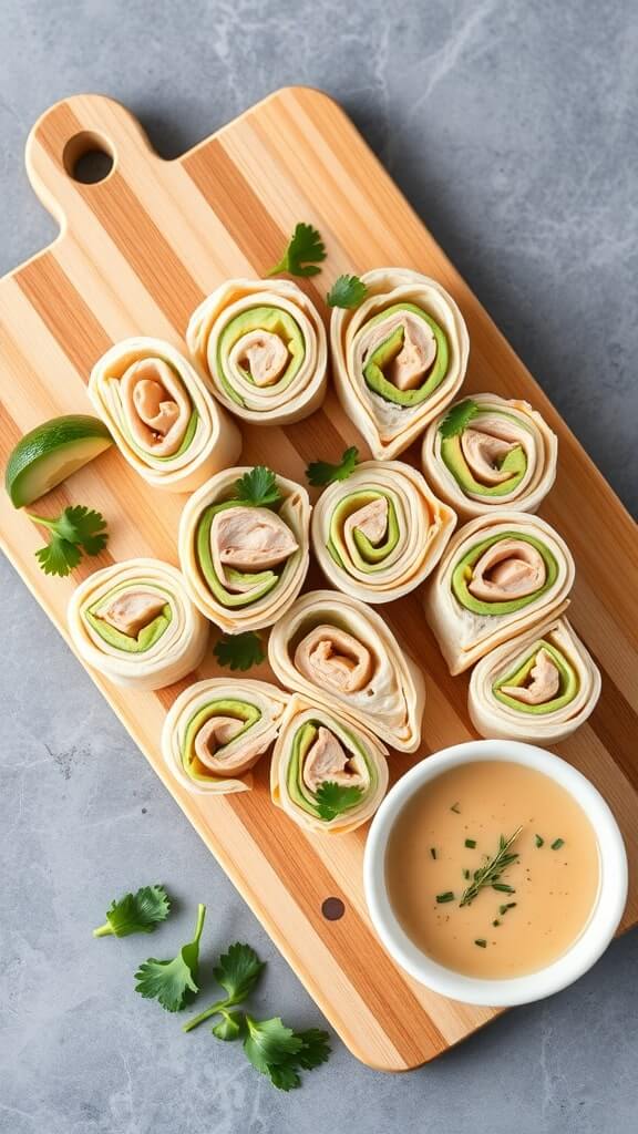 A wooden cutting board with turkey and avocado pinwheels, garnished with cilantro, and a small bowl of dipping sauce.