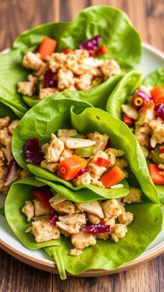 Turkey and spinach lettuce wraps on a white plate
