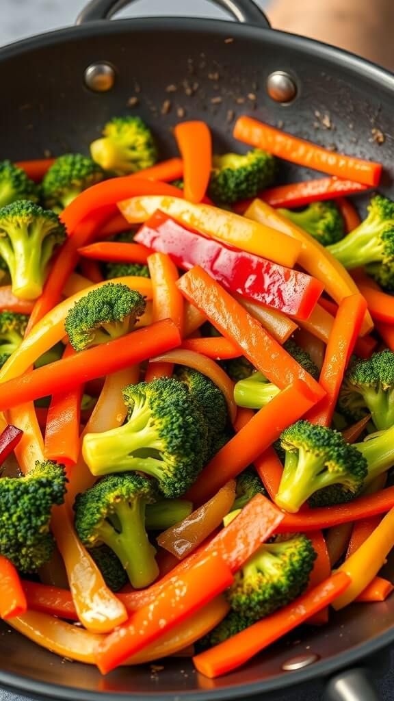 A colorful mix of broccoli, red, yellow, and green bell peppers in a stir-fry pan.