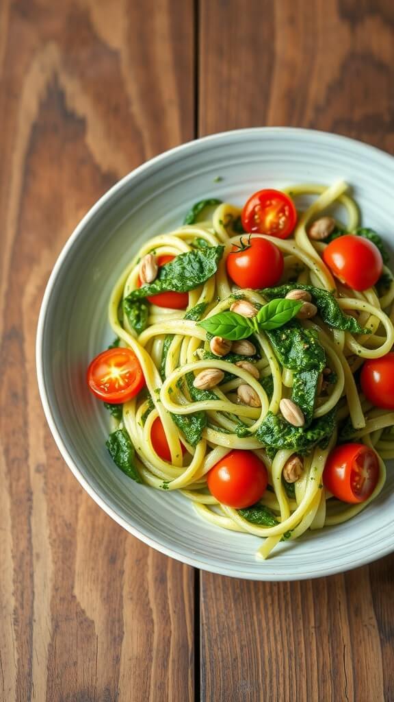 A bowl of zucchini noodles with pesto, cherry tomatoes, and pine nuts, served on a wooden table.