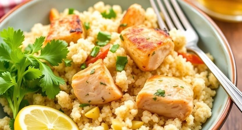 A bowl of couscous topped with grilled chicken pieces, garnished with cilantro, lemon slice, and vegetables, with a fork on the side.