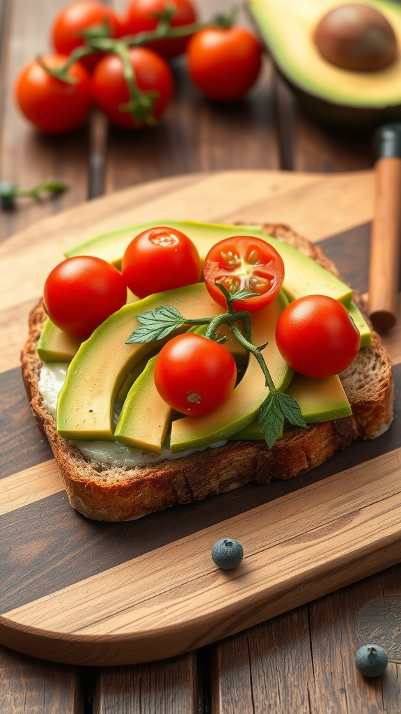 A delicious slice of avocado toast topped with cherry tomatoes on a wooden board.