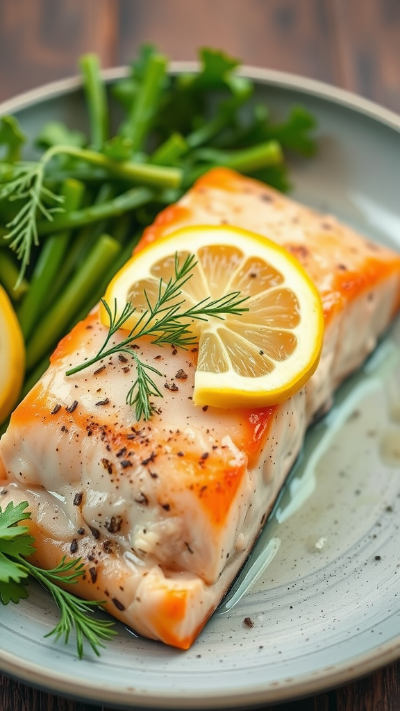 A beautifully plated baked salmon fillet garnished with lemon slices and dill, served with green vegetables.
