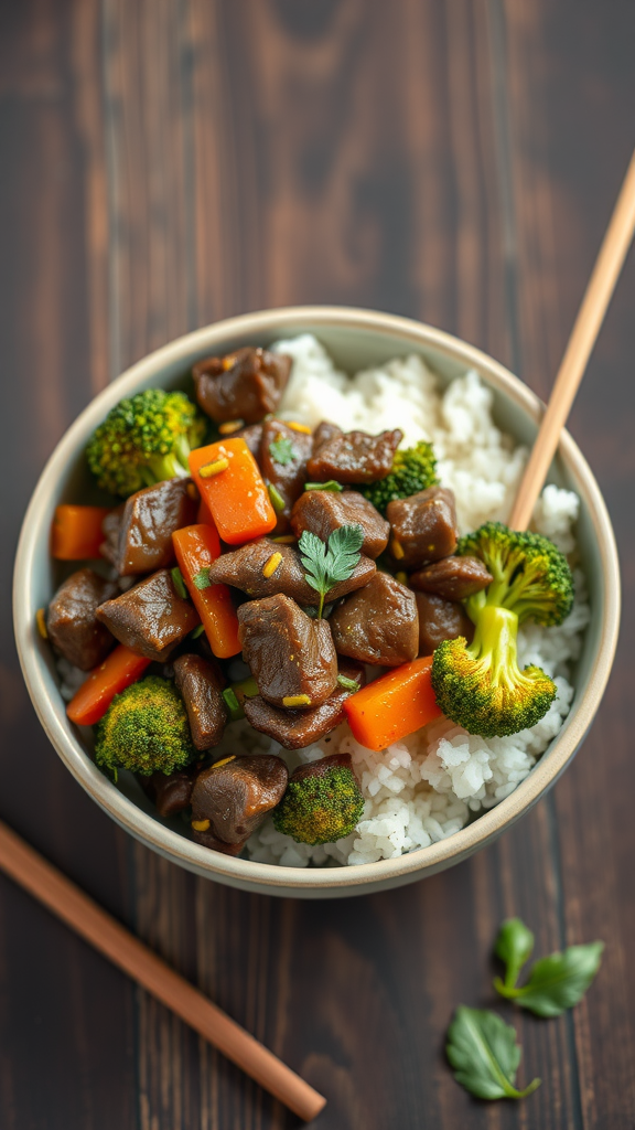 A bowl of beef and broccoli stir-fry with rice, garnished with green herbs.