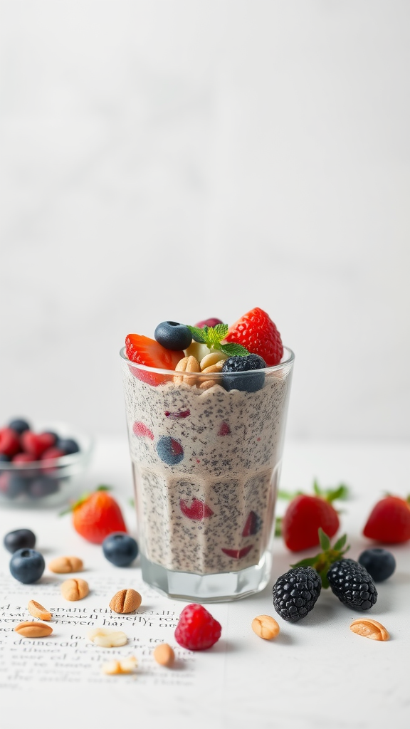 A glass of berry chia seed pudding topped with fresh berries and nuts