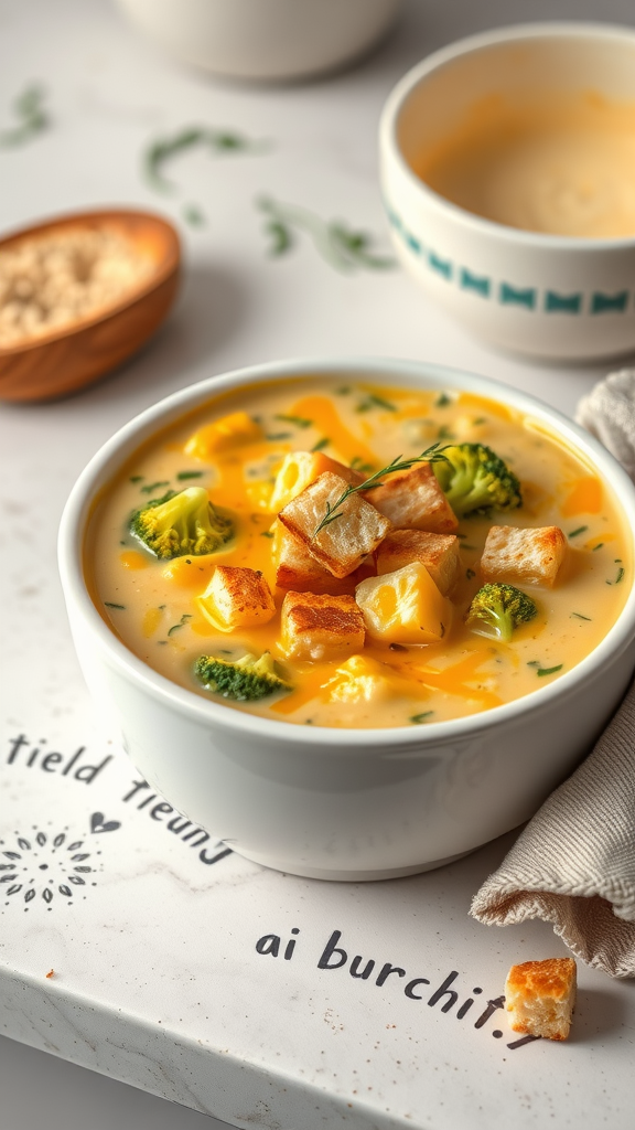 A creamy bowl of broccoli and cheddar soup topped with croutons, surrounded by ingredients and a rustic setting.