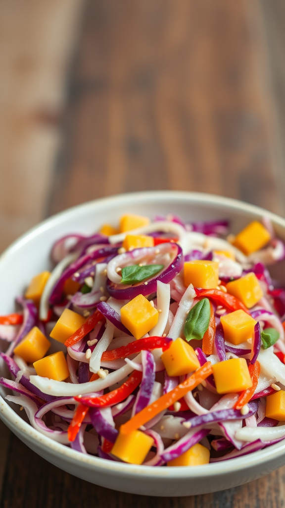Bowl of colorful cabbage and mango slaw.