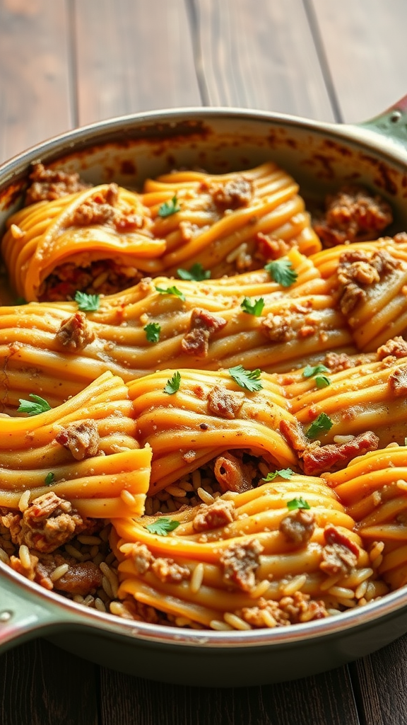 A close-up of a delicious cabbage roll casserole with layers of cabbage, meat, and sauce.