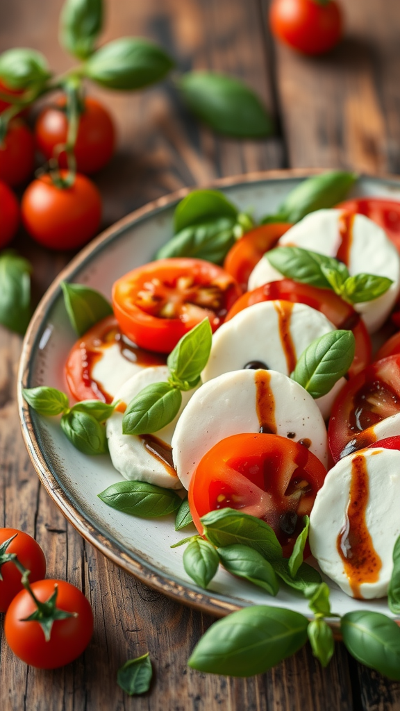 A plate of Caprese salad with fresh mozzarella, tomatoes, and basil, drizzled with balsamic glaze