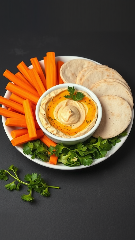 A vibrant platter with carrot sticks, hummus, and pita bread.