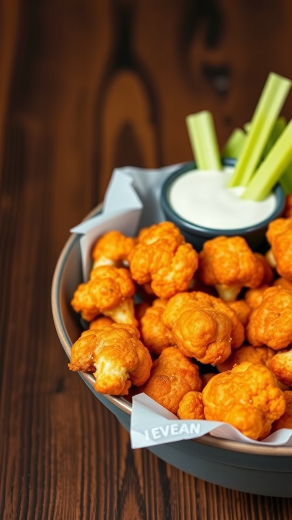 Bowl of crispy cauliflower buffalo wings with celery sticks and a dipping sauce