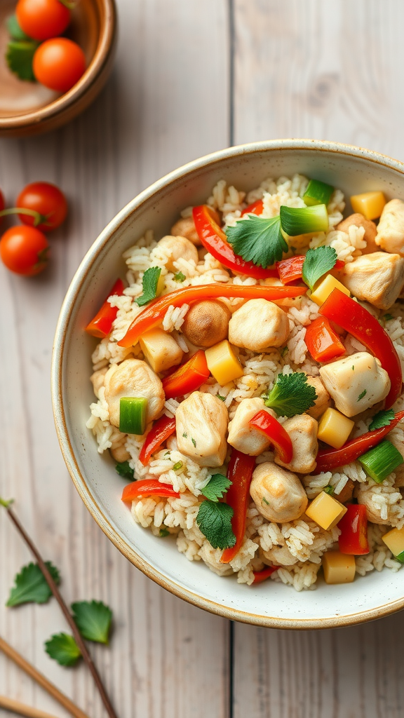 A colorful and healthy cauliflower rice stir-fry with chicken, bell peppers, and green onions.