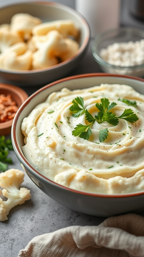 Bowl of creamy cheesy cauliflower mash garnished with parsley, with cauliflower florets and other ingredients in the background.