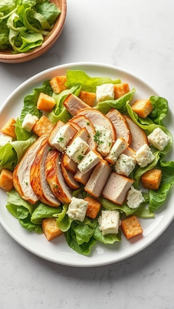 A fresh and vibrant Chicken Caesar Salad with grilled chicken, lettuce, cheese, and croutons.