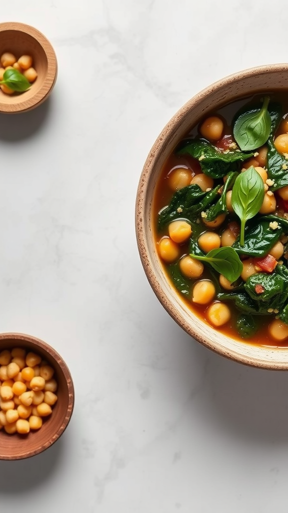 A bowl of chickpea and spinach stew with basil leaves