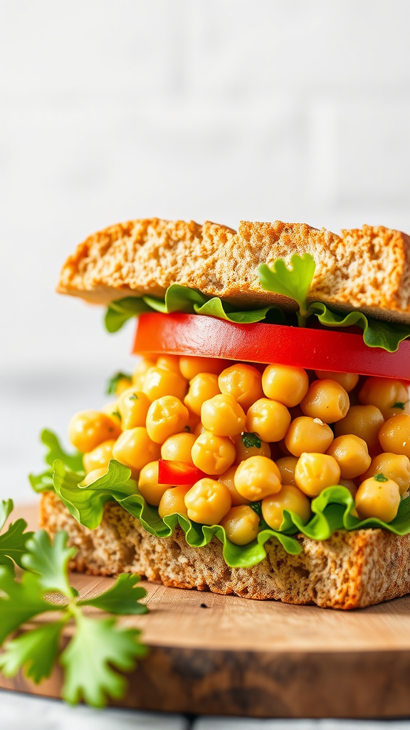 Chickpea salad sandwich with lettuce and tomato on whole grain bread
