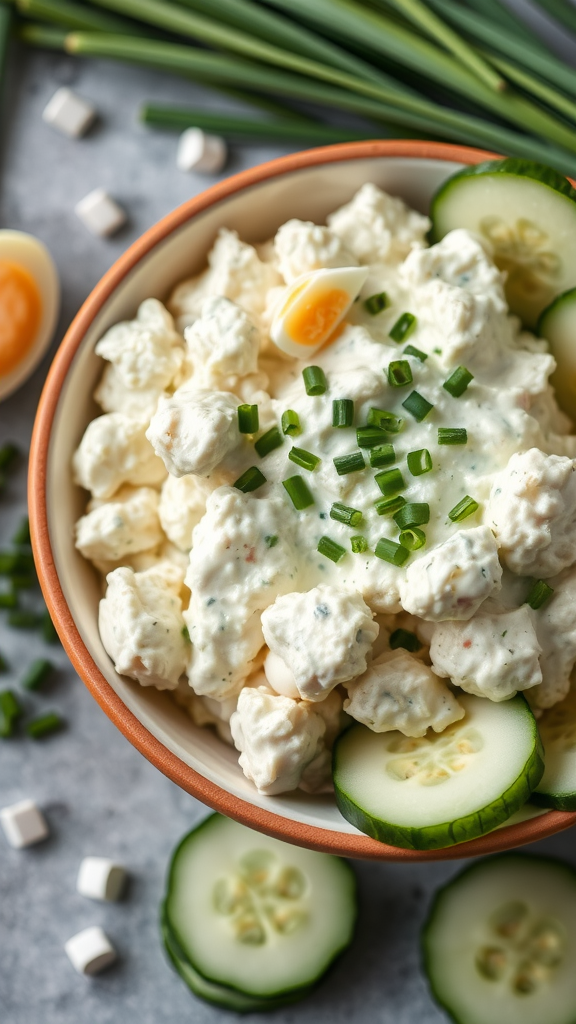 Bowl of egg salad with Greek yogurt, garnished with chives and served with cucumber slices.