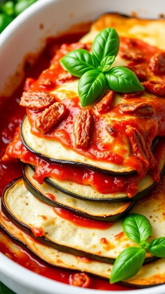A delicious serving of eggplant lasagna topped with fresh basil leaves.