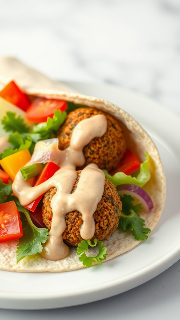 A falafel wrap filled with fresh vegetables and drizzled with tahini sauce.