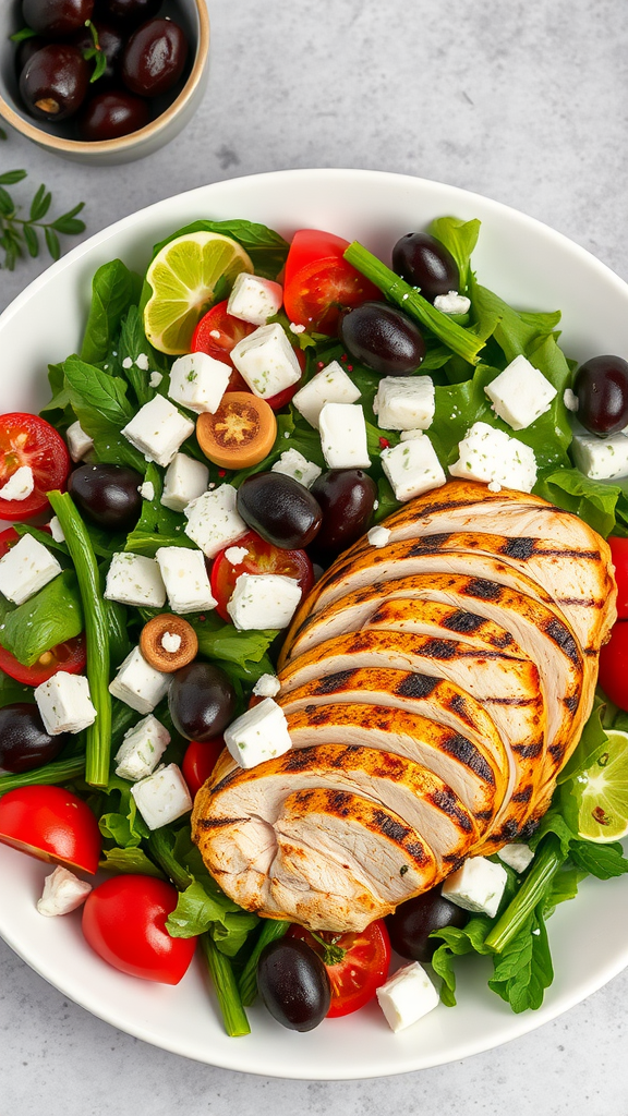 A bowl of Greek salad featuring grilled chicken, cherry tomatoes, olives, and feta cheese on a bed of greens.
