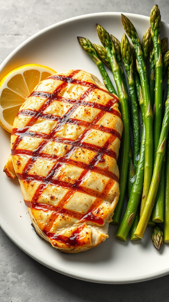 Grilled chicken breast with asparagus spears and a lemon slice on a plate.