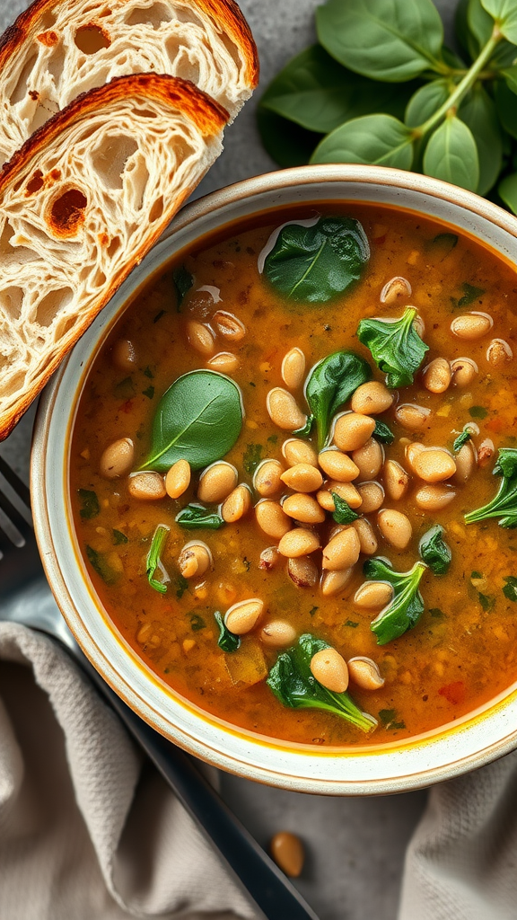 Bowl of lentil soup with spinach and pine nuts, served with slices of bread.