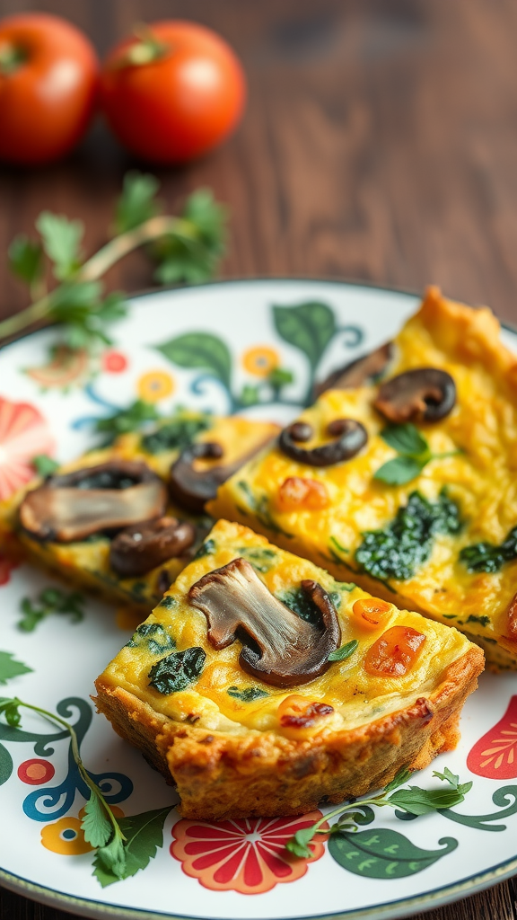 A delicious mushroom and spinach frittata served on a colorful plate with fresh tomatoes in the background.