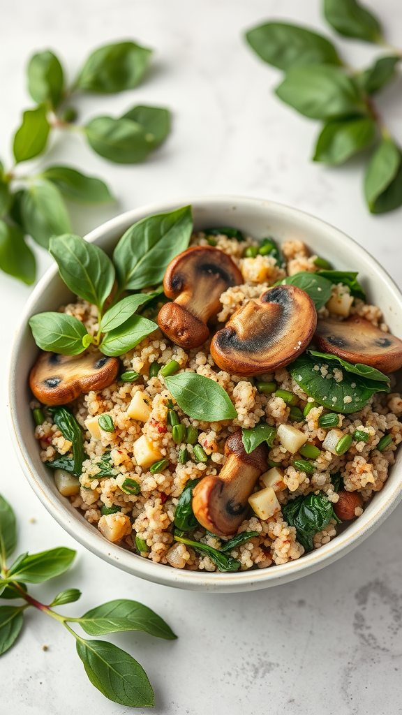 A bowl of mushroom and spinach quinoa topped with fresh basil.