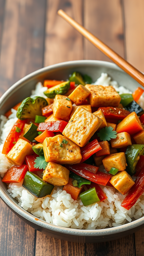 A colorful bowl of peanut tofu stir-fry served with rice and garnished with cilantro and peanuts.