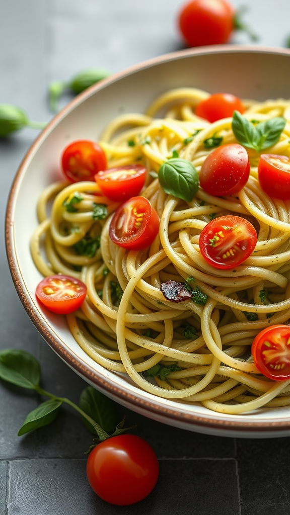 A bowl of pesto zoodles topped with cherry tomatoes and fresh basil