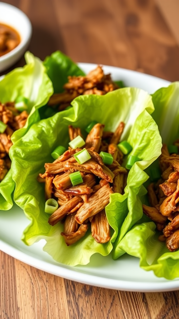 Delicious pulled pork served in lettuce cups with green onions