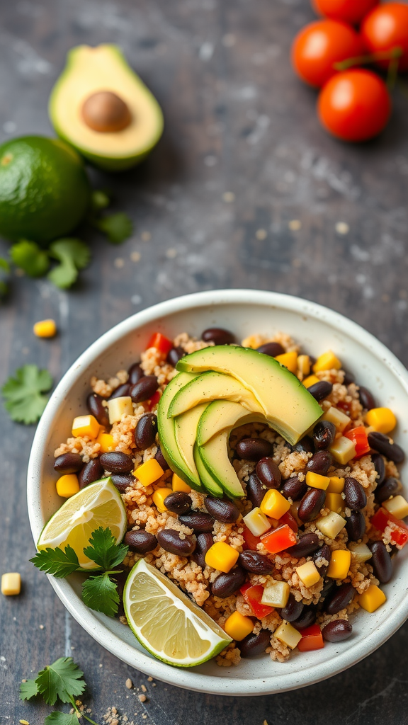 A colorful quinoa and black bean bowl topped with avocado, tomatoes, and lime.