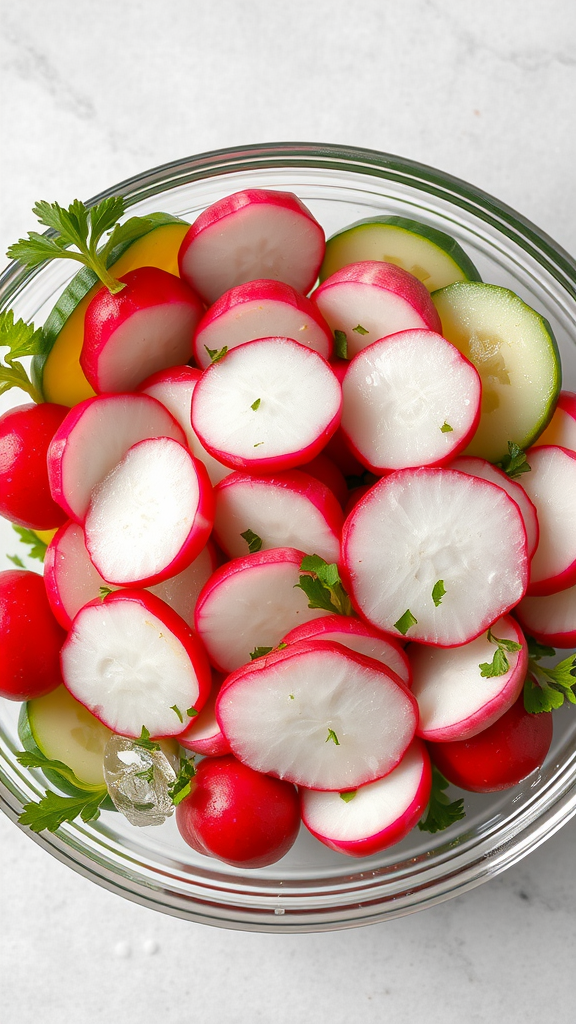 A bowl of sliced radishes and cucumbers garnished with parsley