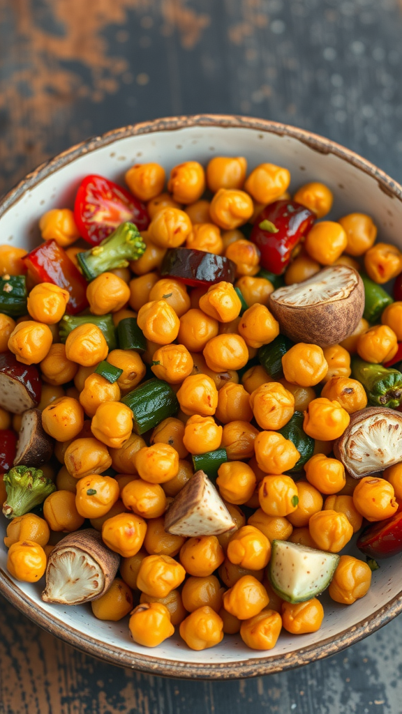 Bowl of roasted chickpeas and mixed vegetables.