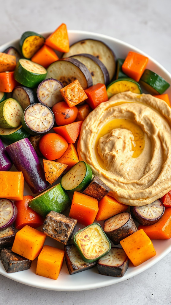 A colorful platter of roasted vegetables including zucchini, eggplant, and carrots, with a generous serving of hummus in the center.
