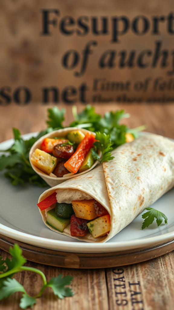 A delicious roasted vegetable wrap filled with colorful veggies and fresh cilantro.