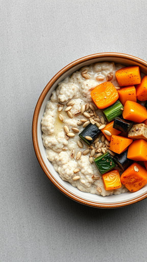 Savory oatmeal with mixed vegetables in a bowl.